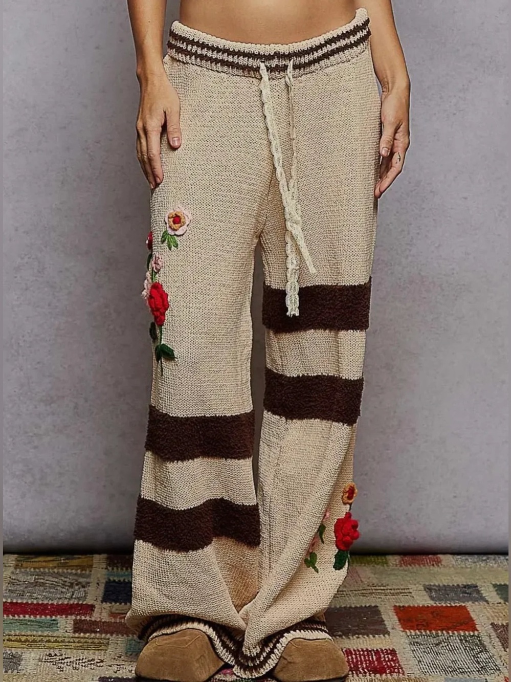 POL Chenille Pants with 3D Embroidery & Stripe Detail
